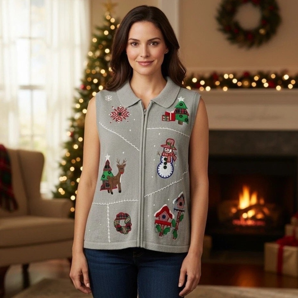 BECHAMEL WOMAN Christmas Sweater Vest Grey Plus Size 2X Reindeer Zip Up Trees